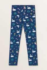 (Ages 10-12)Girls Navy Cotton Jersey Tights – Swan & Floral Print